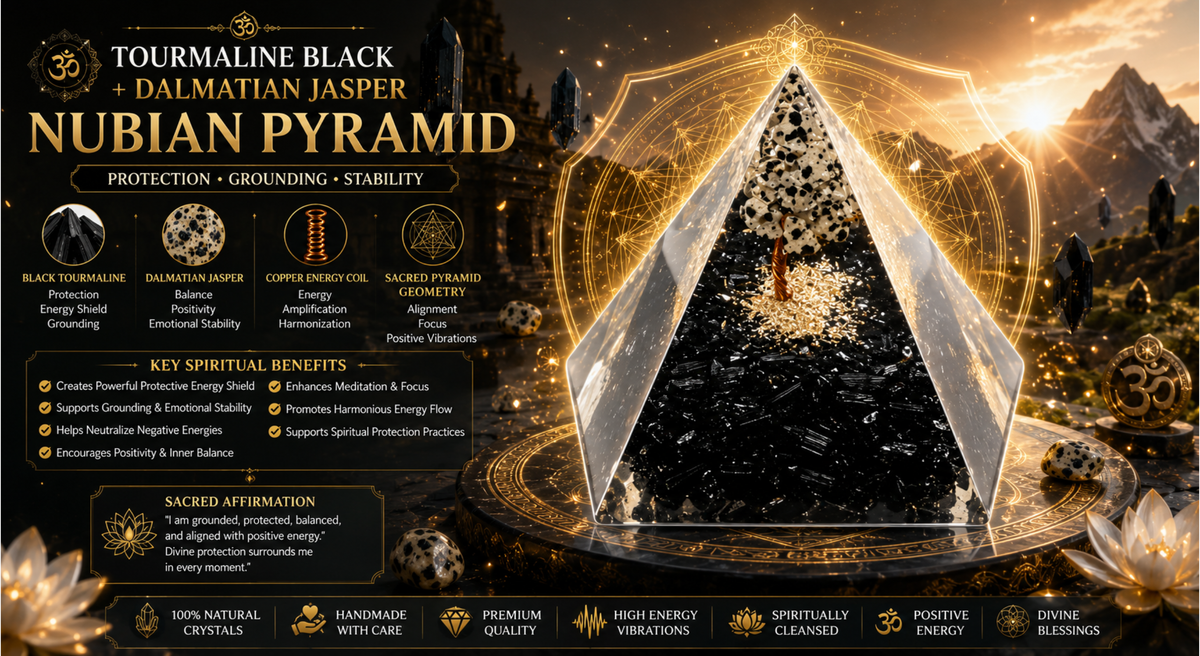 TOUMALINE BLACK +
DALMANTION JASPER NUBIAN
PYRAMIDS