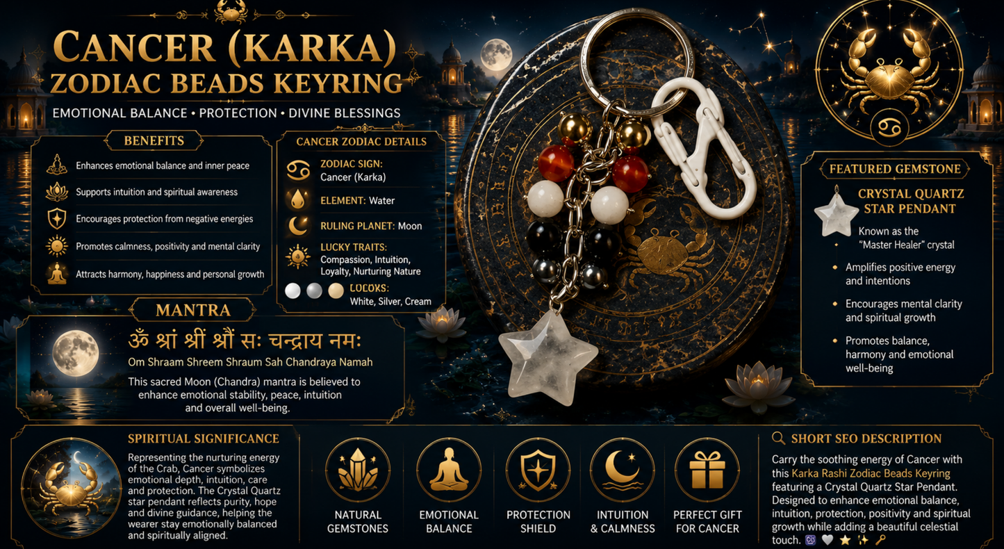 Cancer (Karka) Zodiac Beads Keyring with Crystal Quartz Star