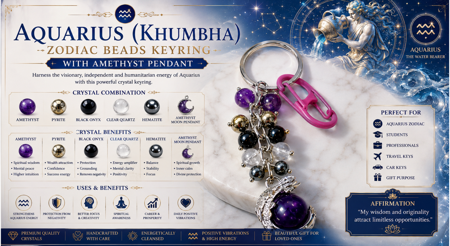 Aquarius (Khumbha) Zodiac Beads Keyring with Amethyst Pendant