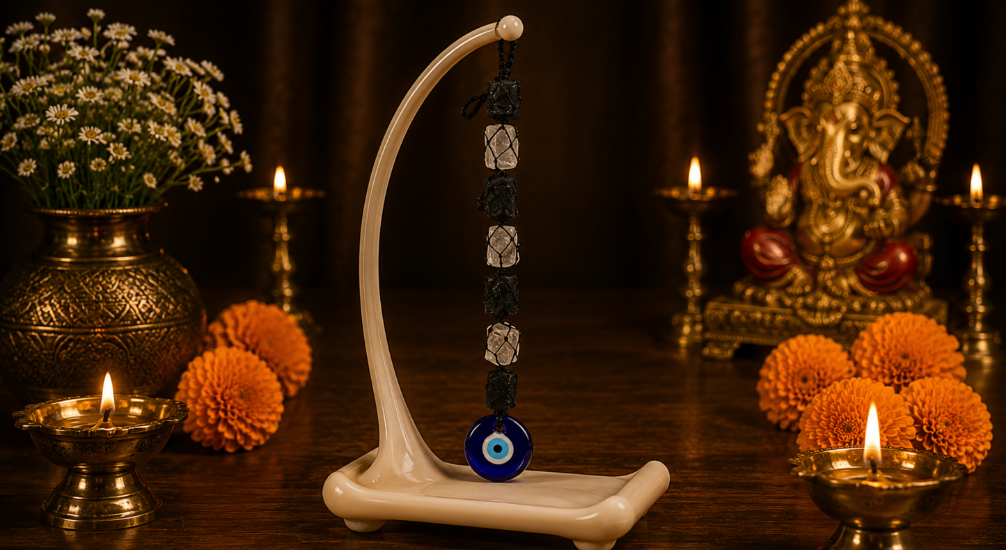 Selenite White + Tourmaline Black with Evil Eye Hanger