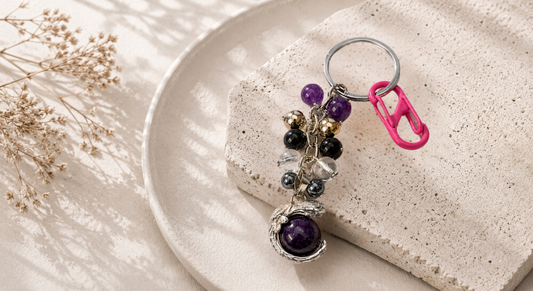 Aquarius (Khumbha) Zodiac Beads Keyring with Amethyst Pendant