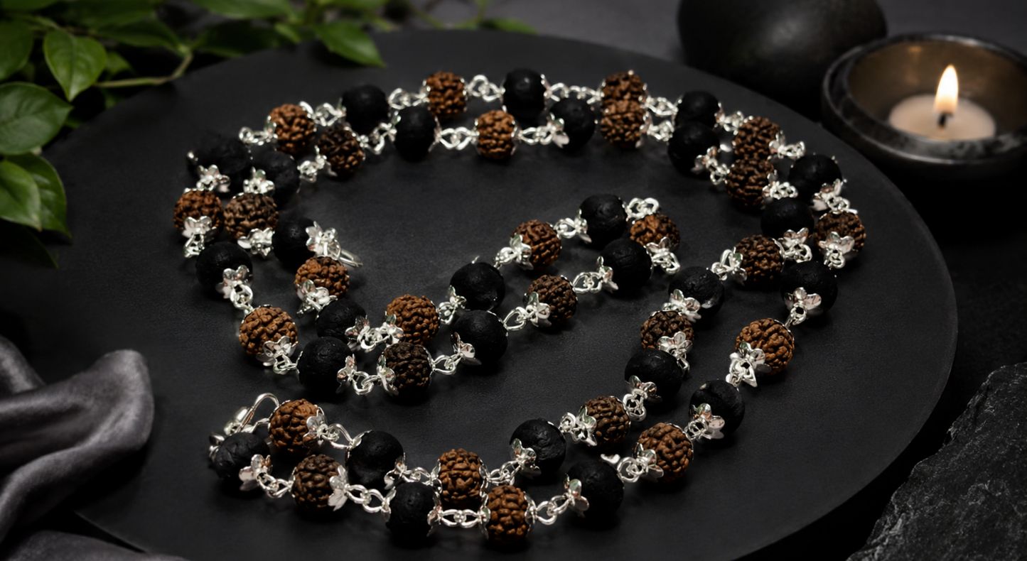 Karungali + Rudraksh Beads White Metal Ganthan Mala