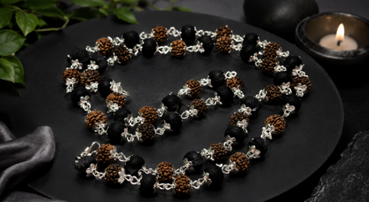 Karungali + Rudraksh Beads White Metal Ganthan Mala