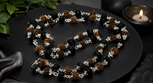 Karungali + Rudraksh Beads White Metal Ganthan Mala