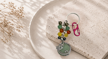 Aries (Mesha) Zodiac Beads Keyring with Green Aventurine Pendant