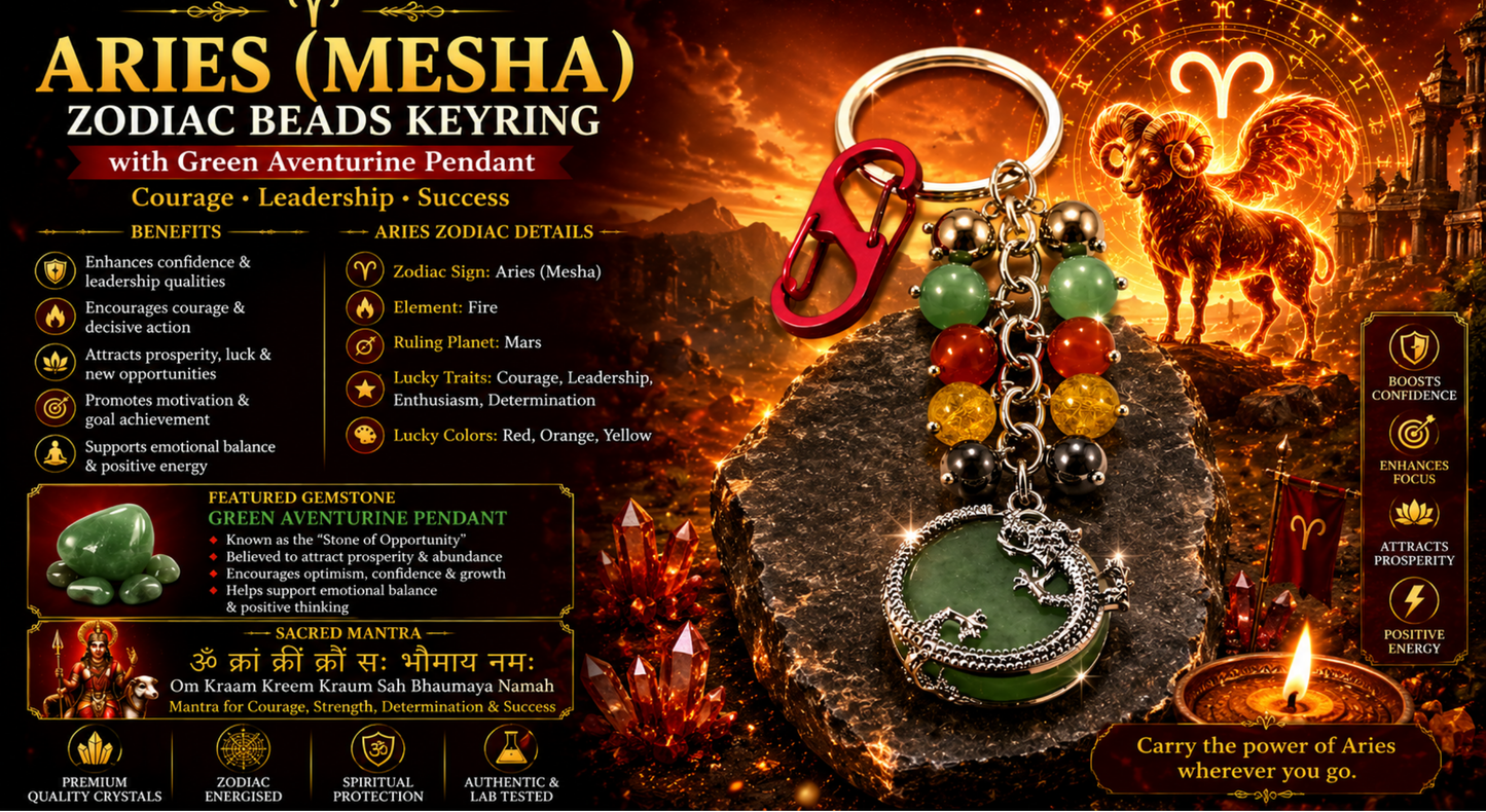 Aries (Mesha) Zodiac Beads Keyring with Green Aventurine Pendant