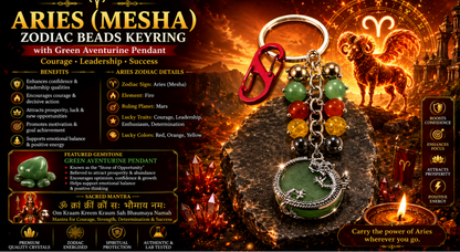 Aries (Mesha) Zodiac Beads Keyring with Green Aventurine Pendant