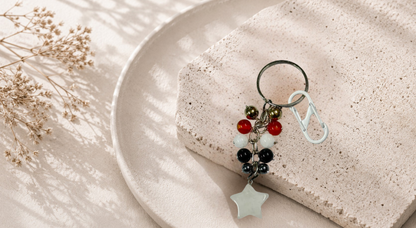 Cancer (Karka) Zodiac Beads Keyring with Crystal Quartz Star