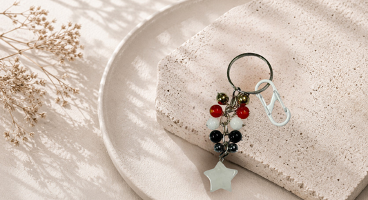 Cancer (Karka) Zodiac Beads Keyring with Crystal Quartz Star