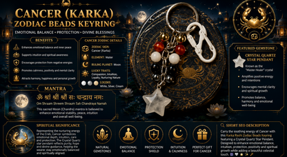 Cancer (Karka) Zodiac Beads Keyring with Crystal Quartz Star