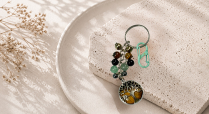 Capricorn (Makara) Zodiac Beads Keyring with Tiger Yellow Tree of Life