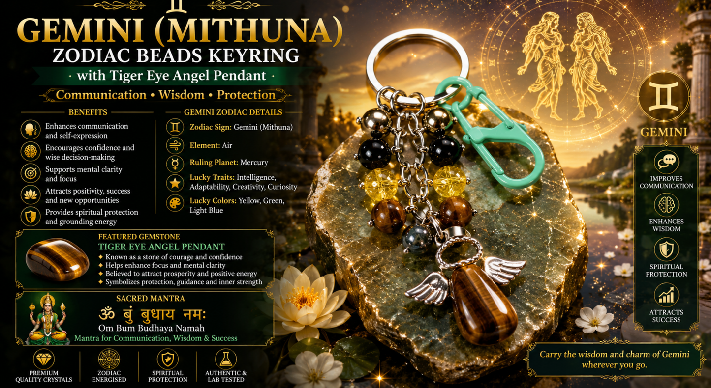 Gemini (Mithuna) Zodiac Beads Keyring with Tiger Yellow Pendant