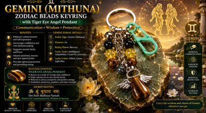 Gemini (Mithuna) Zodiac Beads Keyring with Tiger Yellow Pendant
