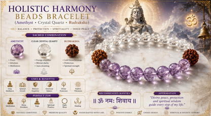 Holistic Harmony Beads Bracelet (Amethyst+Crystal+Rudraksh)