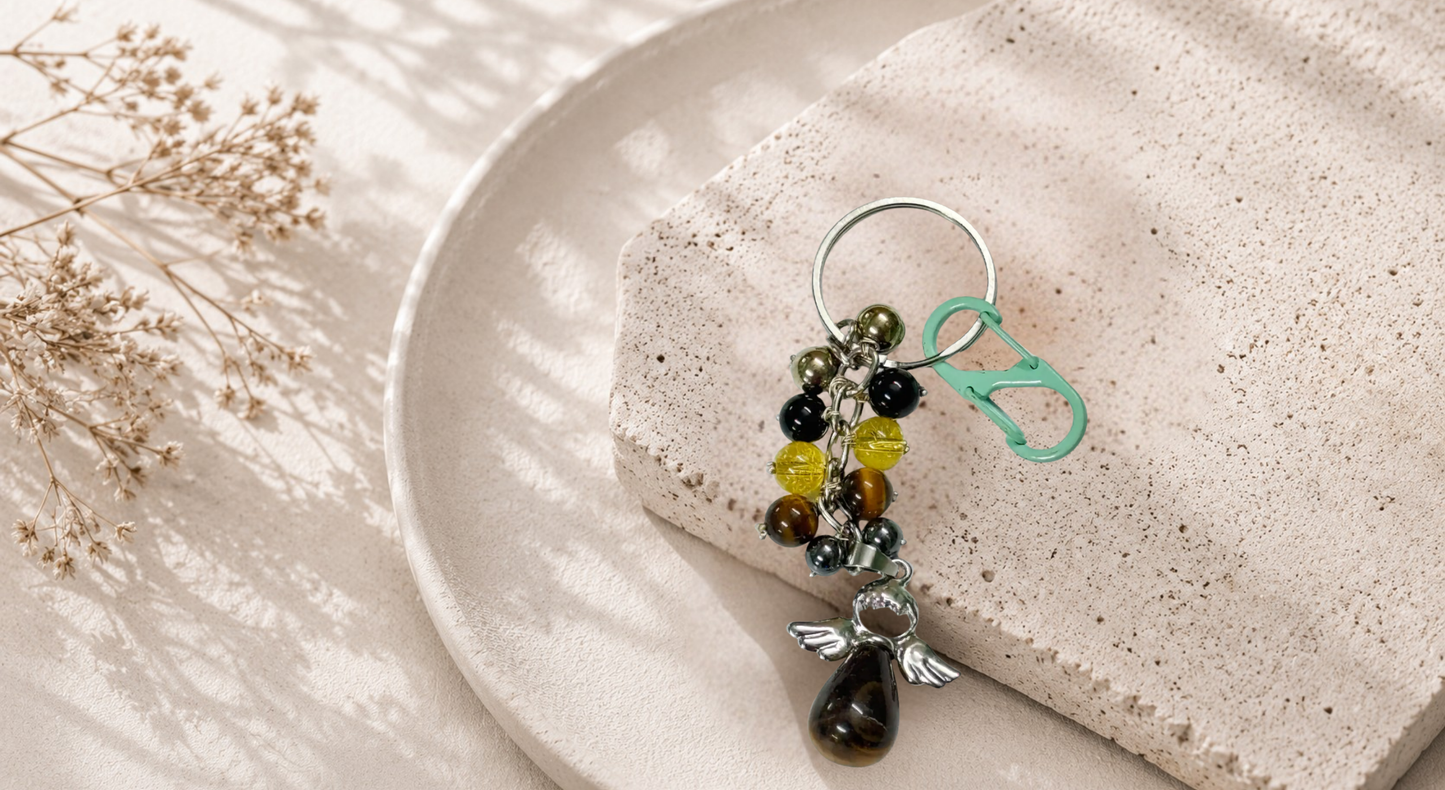 Gemini (Mithuna) Zodiac Beads Keyring with Tiger Yellow Pendant