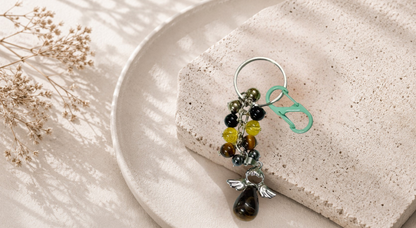 Gemini (Mithuna) Zodiac Beads Keyring with Tiger Yellow Pendant