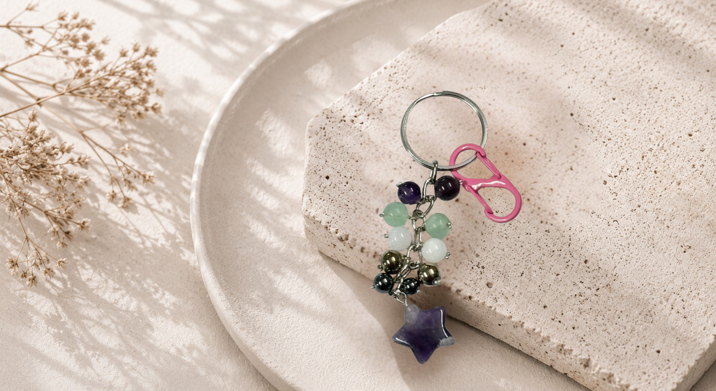 Pisces (Meena) Zodiac Beads Keyring with Amethyst Star