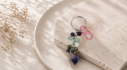 Pisces (Meena) Zodiac Beads Keyring with Amethyst Star