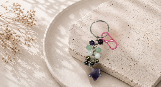 Pisces (Meena) Zodiac Beads Keyring with Amethyst Star