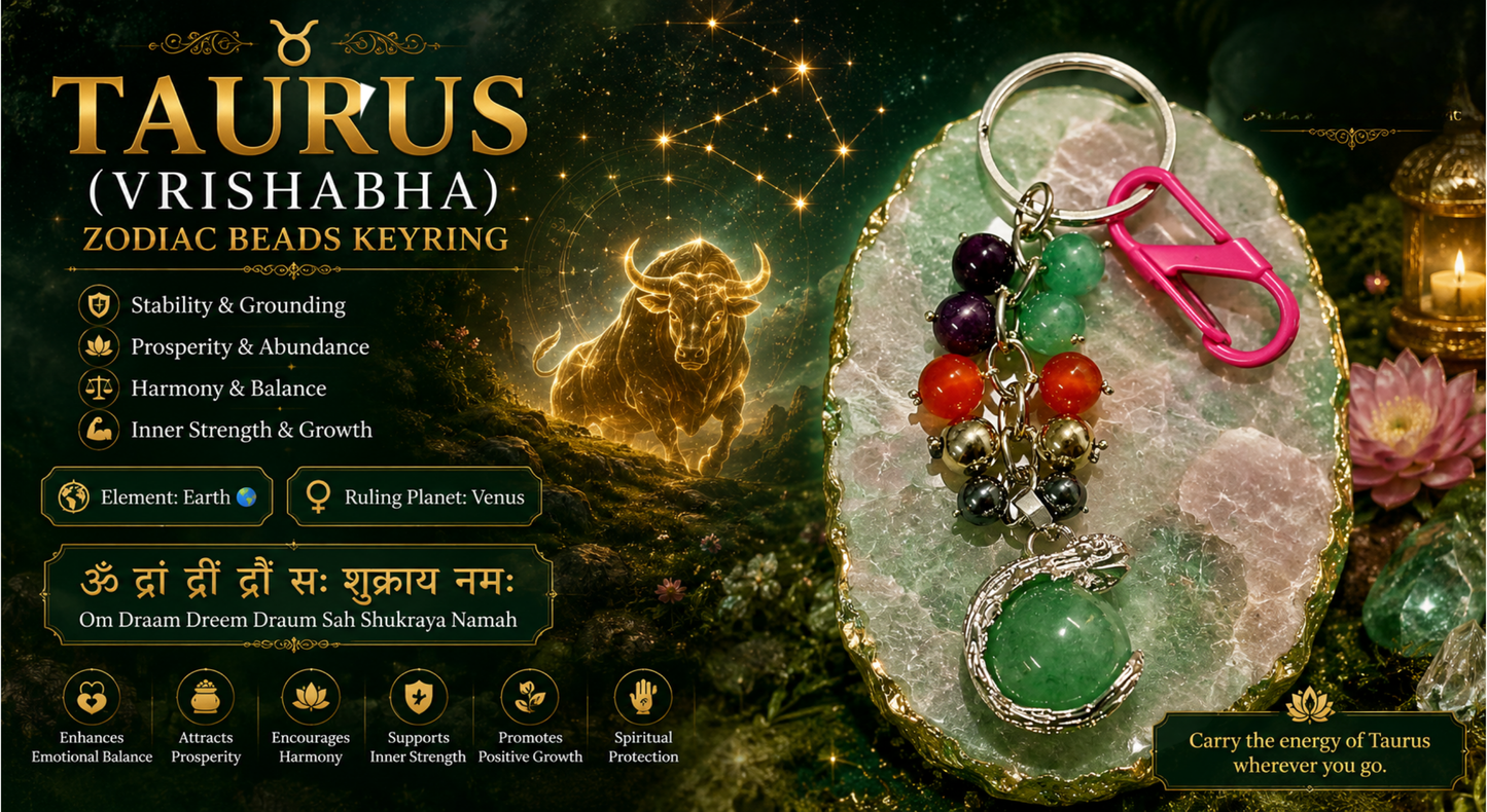 Taurus (Vrishbha) Zodiac Beads Keyring with Green Aventurine Pendant