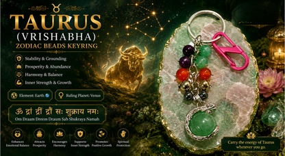 Taurus (Vrishbha) Zodiac Beads Keyring with Green Aventurine Pendant
