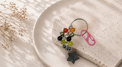 Virgo (Kanya) Zodiac Beads Keyring with Lava Stone Star