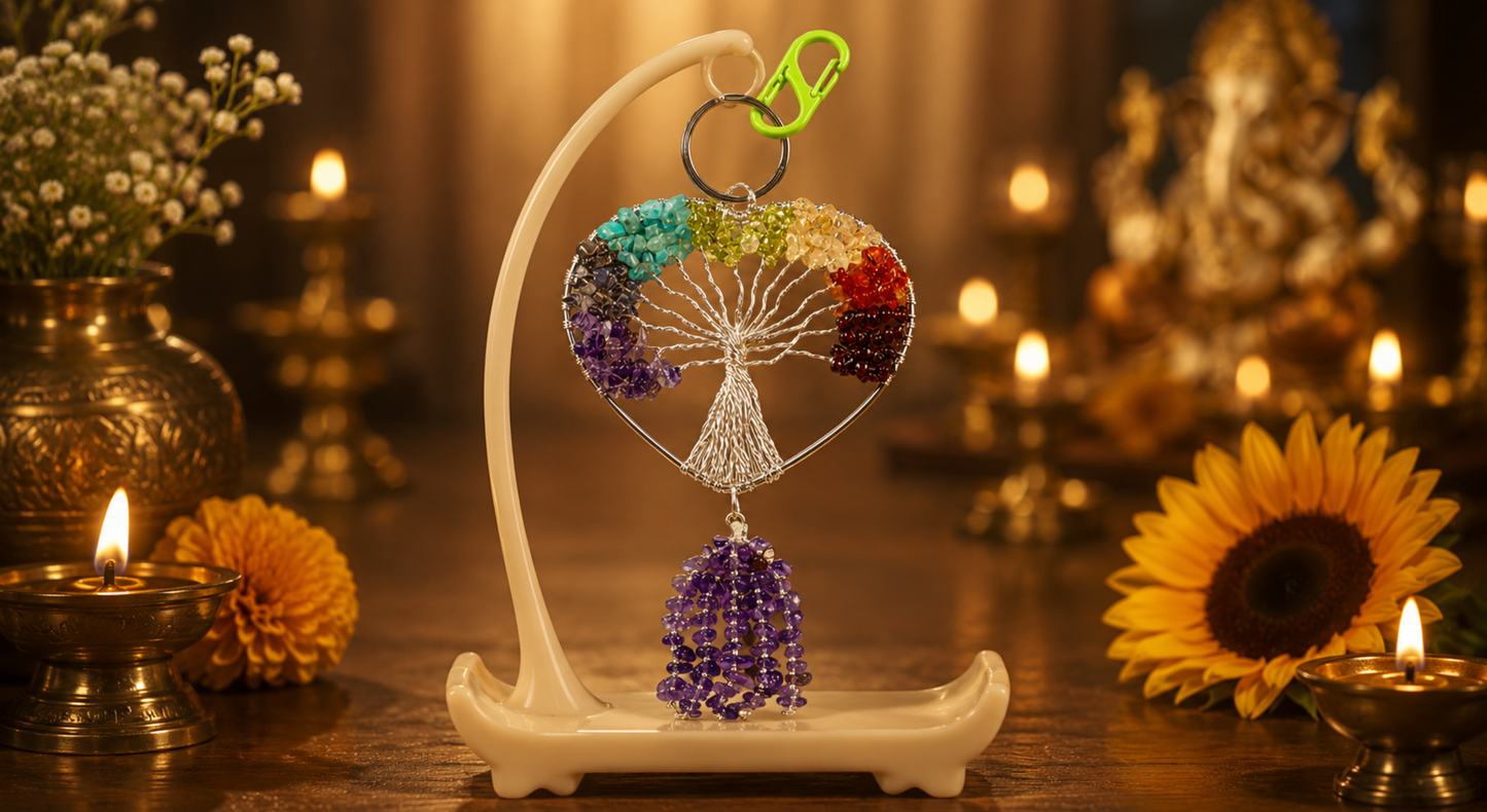 Chakra Medium Heart Tree of Life with Amethyst Chips Car Hanger