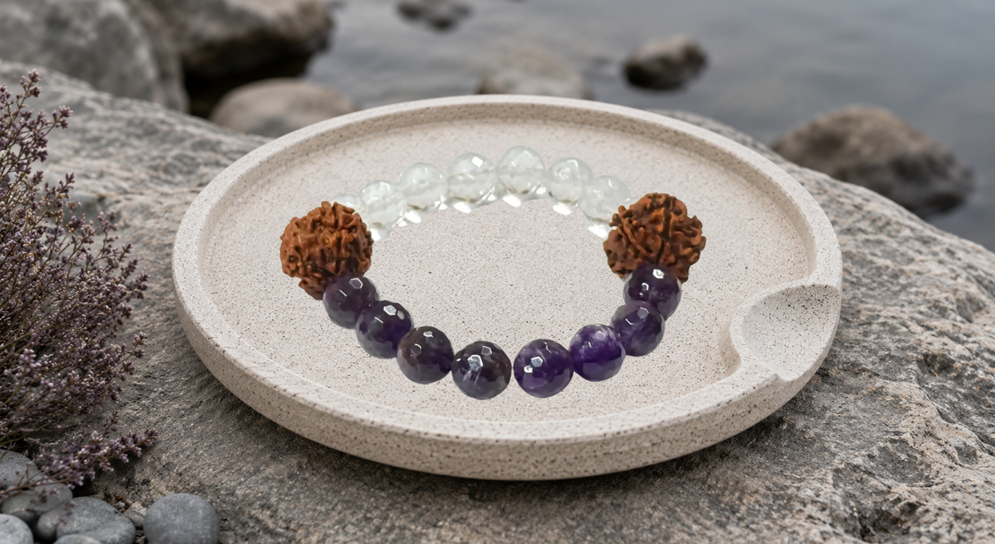 Holistic Harmony Beads Bracelet (Amethyst+Crystal+Rudraksh)