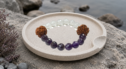 Holistic Harmony Beads Bracelet (Amethyst+Crystal+Rudraksh)
